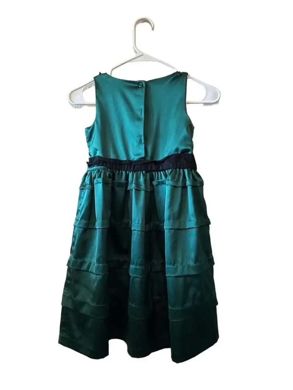 Gymboree Green Satin Dress with Black Bow And Bone Detail Size 7